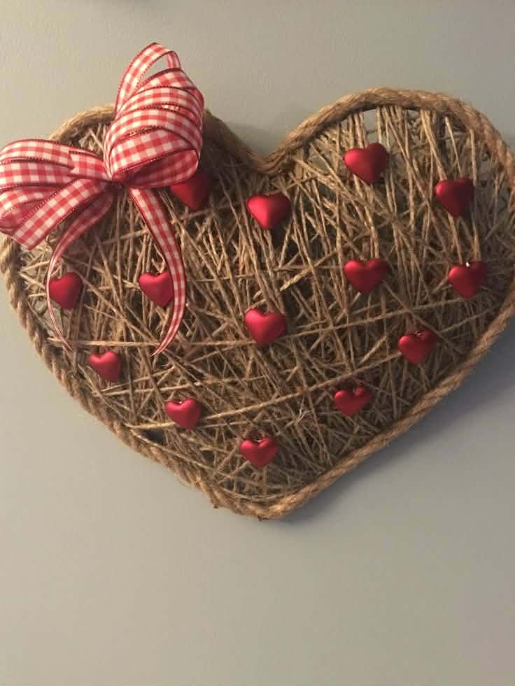 Χειροποίητη Rustic Καρδιά "Love Garden" με Κόκκινο Καρό Φιόγκο