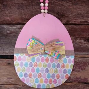 Χειροποίητο Ξύλινο Πασχαλινό Αυγό με Bead Hanger & Boho Φιόγκο