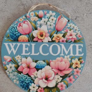 Ξύλινο Κρεμαστό Καλωσόρισμα Πόρτας "Welcome" με Ανοιξιάτικο Σχέδιο